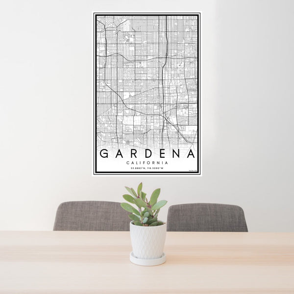 24x36 Gardena California Map Print Portrait Orientation in Classic Style Behind 2 Chairs Table and Potted Plant