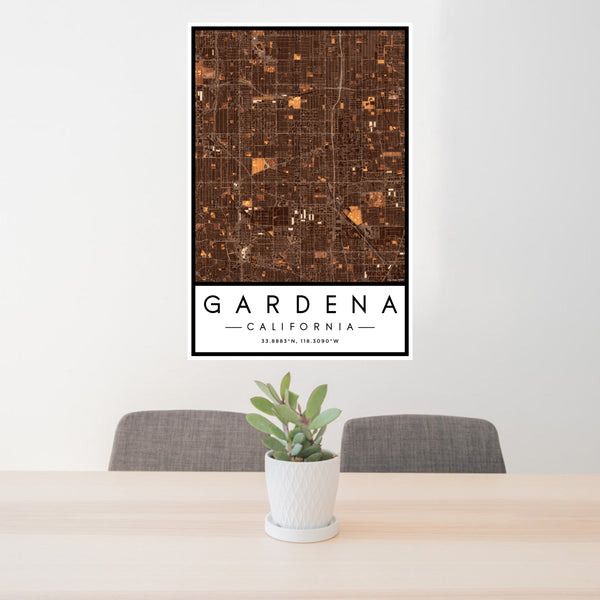 24x36 Gardena California Map Print Portrait Orientation in Ember Style Behind 2 Chairs Table and Potted Plant