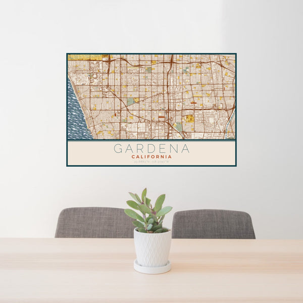 24x36 Gardena California Map Print Lanscape Orientation in Woodblock Style Behind 2 Chairs Table and Potted Plant