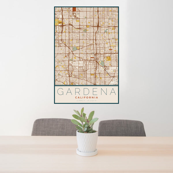24x36 Gardena California Map Print Portrait Orientation in Woodblock Style Behind 2 Chairs Table and Potted Plant