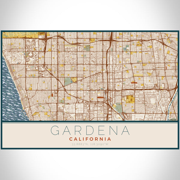Gardena California Map Print Landscape Orientation in Woodblock Style With Shaded Background