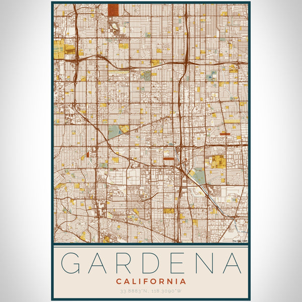 Gardena California Map Print Portrait Orientation in Woodblock Style With Shaded Background