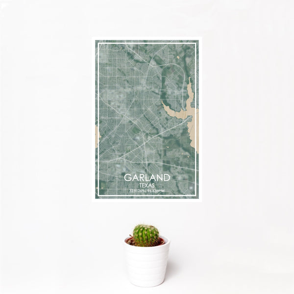 12x18 Garland Texas Map Print Portrait Orientation in Afternoon Style With Small Cactus Plant in White Planter