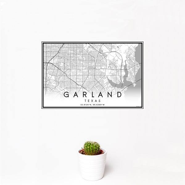 12x18 Garland Texas Map Print Landscape Orientation in Classic Style With Small Cactus Plant in White Planter