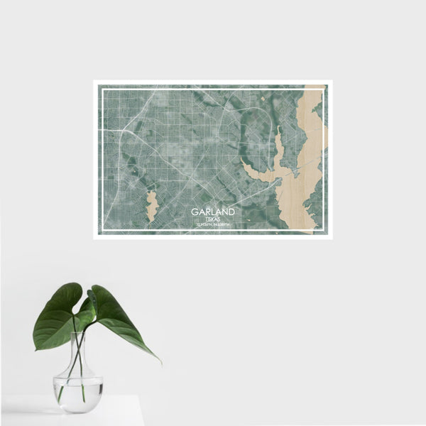 16x24 Garland Texas Map Print Landscape Orientation in Afternoon Style With Tropical Plant Leaves in Water