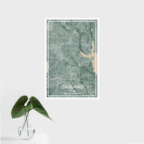16x24 Garland Texas Map Print Portrait Orientation in Afternoon Style With Tropical Plant Leaves in Water