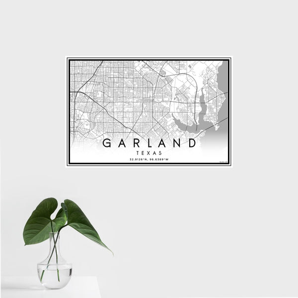 16x24 Garland Texas Map Print Landscape Orientation in Classic Style With Tropical Plant Leaves in Water