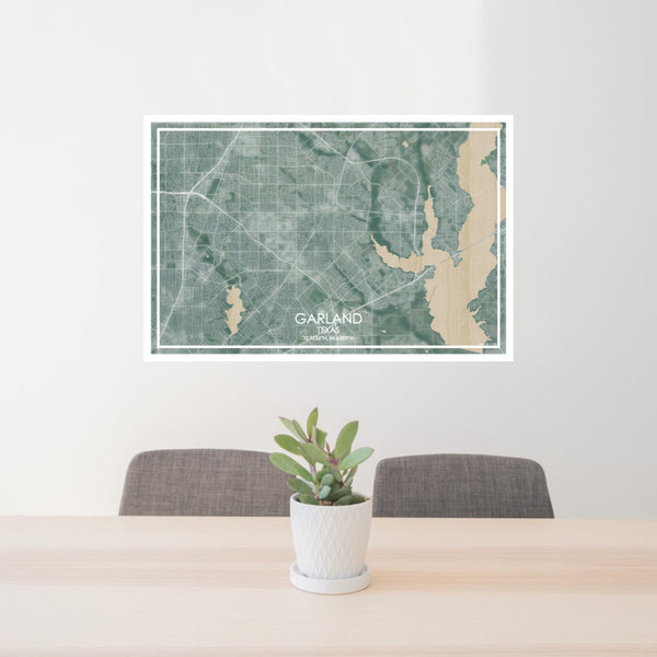 24x36 Garland Texas Map Print Lanscape Orientation in Afternoon Style Behind 2 Chairs Table and Potted Plant