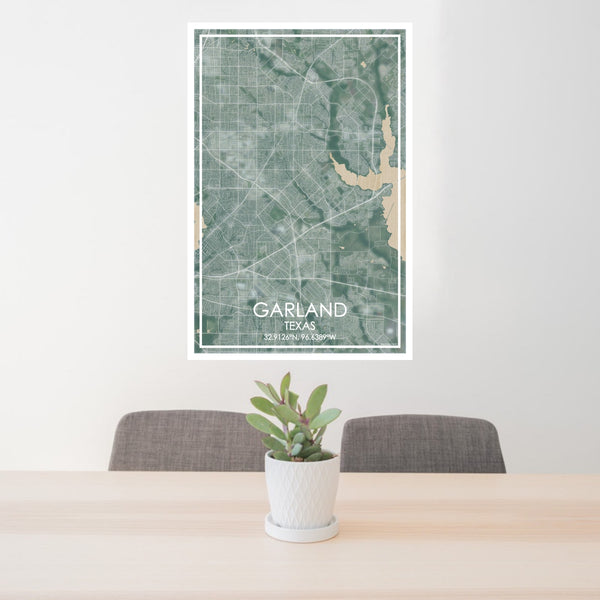 24x36 Garland Texas Map Print Portrait Orientation in Afternoon Style Behind 2 Chairs Table and Potted Plant