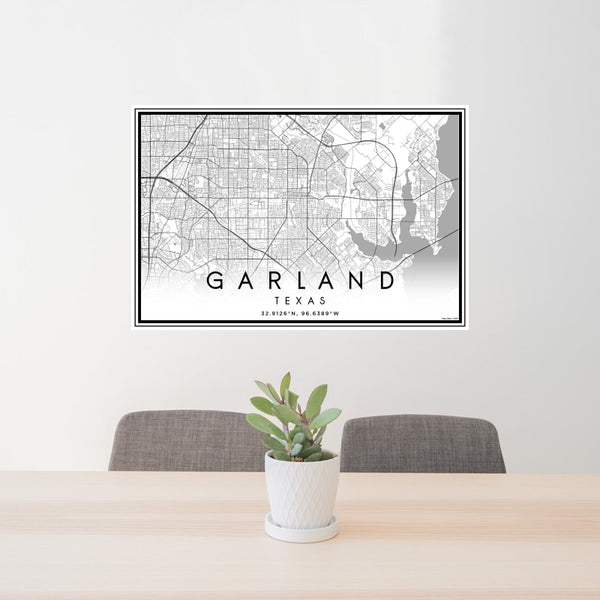 24x36 Garland Texas Map Print Lanscape Orientation in Classic Style Behind 2 Chairs Table and Potted Plant