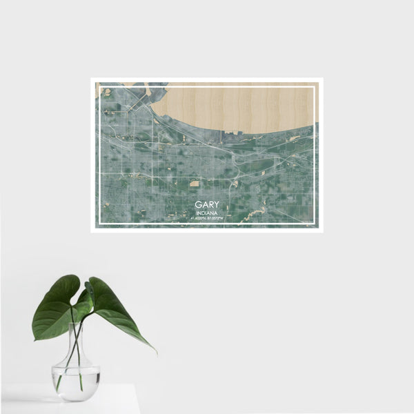 16x24 Gary Indiana Map Print Landscape Orientation in Afternoon Style With Tropical Plant Leaves in Water