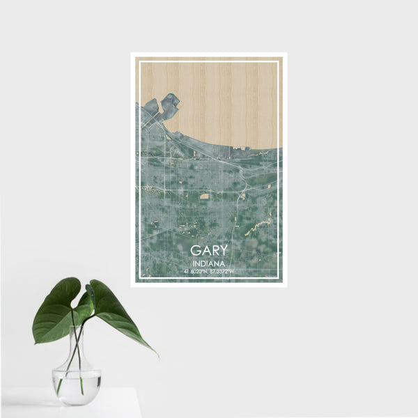 16x24 Gary Indiana Map Print Portrait Orientation in Afternoon Style With Tropical Plant Leaves in Water