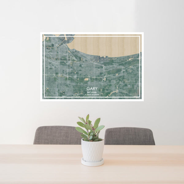 24x36 Gary Indiana Map Print Lanscape Orientation in Afternoon Style Behind 2 Chairs Table and Potted Plant