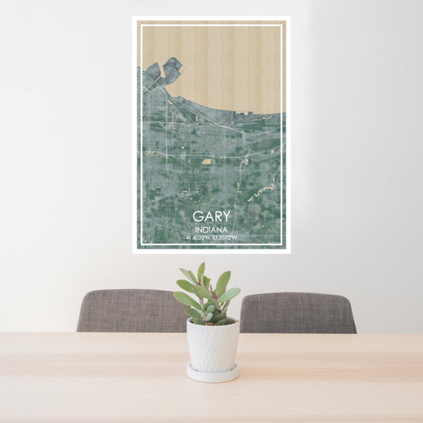 24x36 Gary Indiana Map Print Portrait Orientation in Afternoon Style Behind 2 Chairs Table and Potted Plant