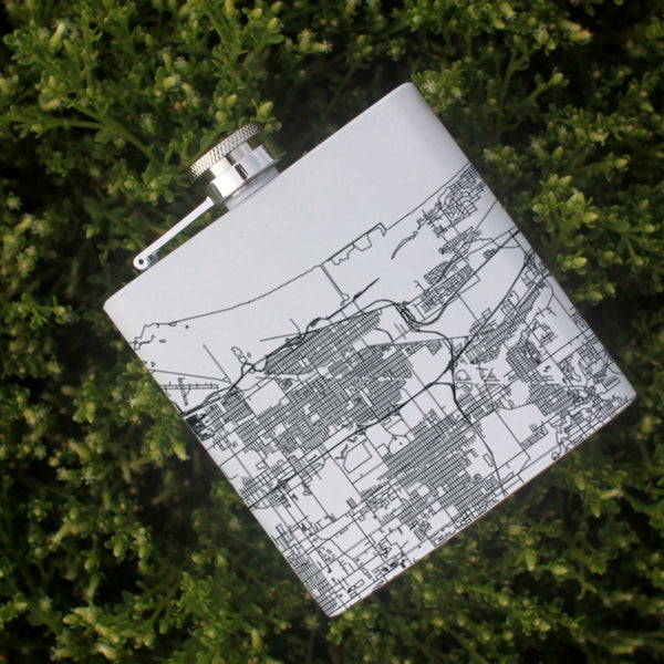 Gary Indiana Custom Engraved City Map Inscription Coordinates on 6oz Stainless Steel Flask in White