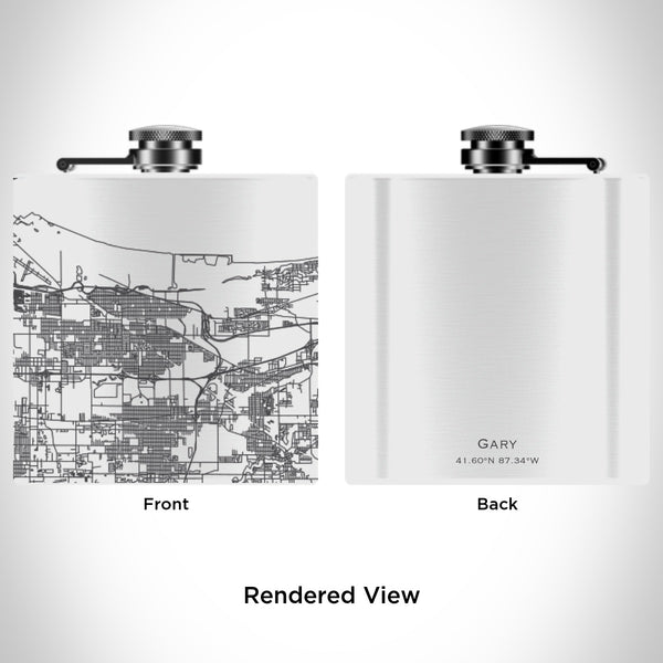 Rendered View of Gary Indiana Map Engraving on 6oz Stainless Steel Flask in White