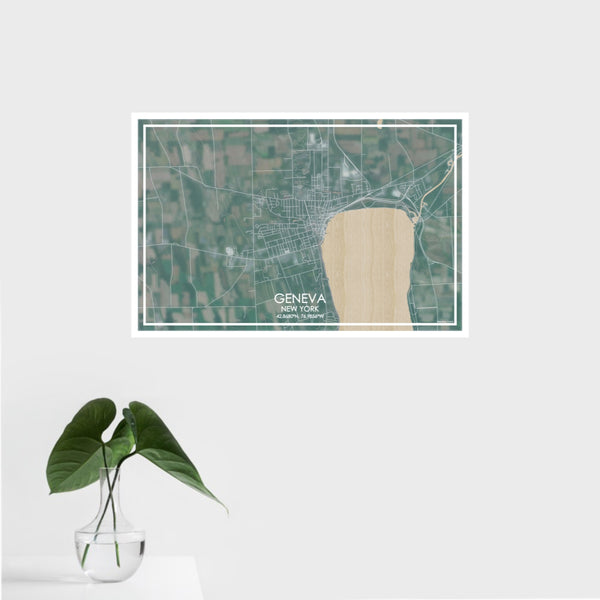 16x24 Geneva New York Map Print Landscape Orientation in Afternoon Style With Tropical Plant Leaves in Water