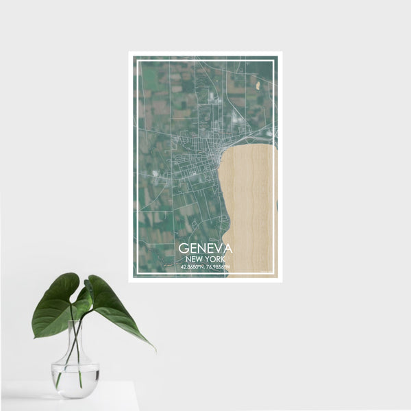 16x24 Geneva New York Map Print Portrait Orientation in Afternoon Style With Tropical Plant Leaves in Water