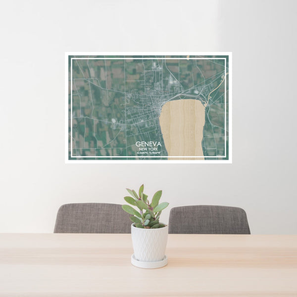 24x36 Geneva New York Map Print Lanscape Orientation in Afternoon Style Behind 2 Chairs Table and Potted Plant