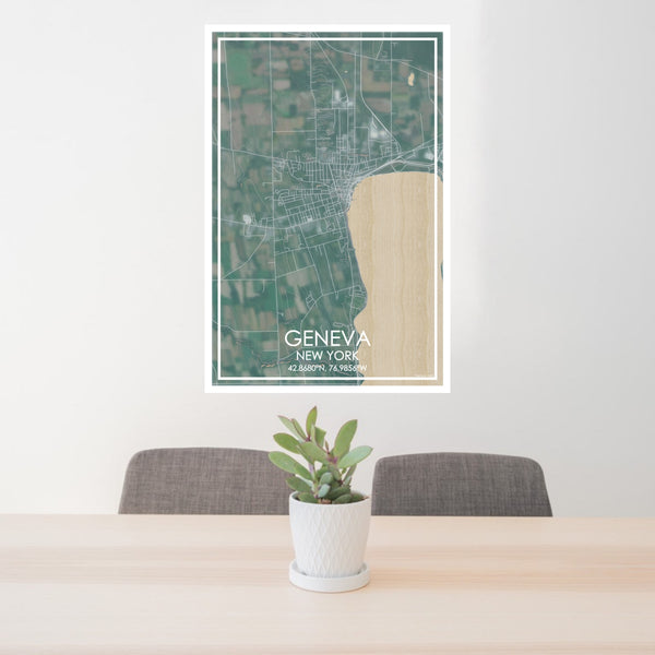 24x36 Geneva New York Map Print Portrait Orientation in Afternoon Style Behind 2 Chairs Table and Potted Plant