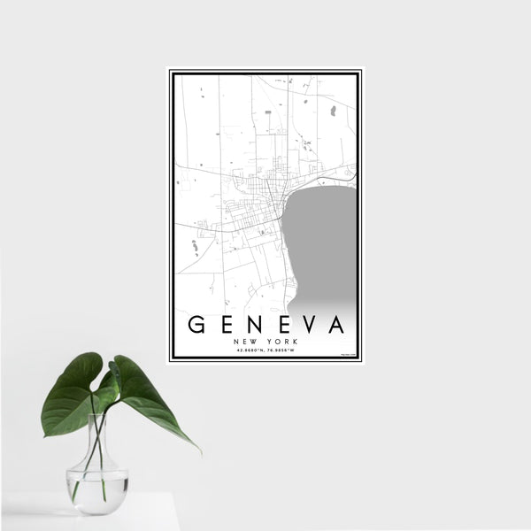 16x24 Geneva New York Map Print Portrait Orientation in Classic Style With Tropical Plant Leaves in Water