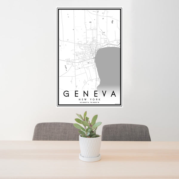 24x36 Geneva New York Map Print Portrait Orientation in Classic Style Behind 2 Chairs Table and Potted Plant