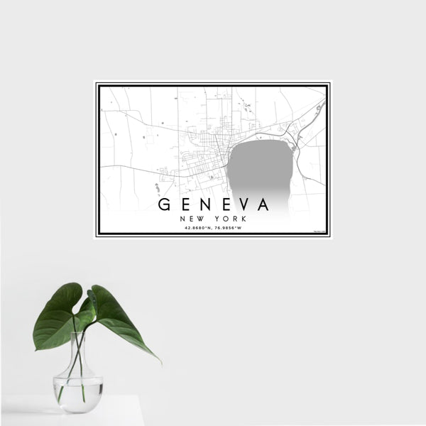 16x24 Geneva New York Map Print Landscape Orientation in Classic Style With Tropical Plant Leaves in Water