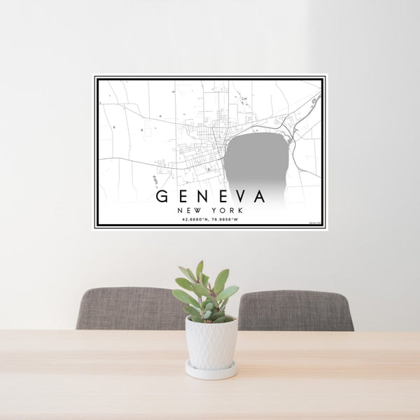 24x36 Geneva New York Map Print Landscape Orientation in Classic Style Behind 2 Chairs Table and Potted Plant
