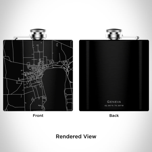 Rendered View of Geneva New York Map Engraving on 6oz Stainless Steel Flask in Black