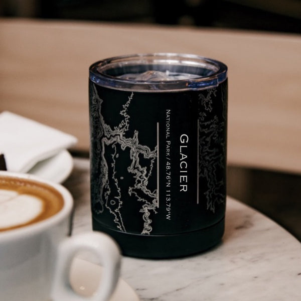 Glacier National Park Custom Engraved City Map Inscription Coordinates on 10oz Stainless Steel Insulated Cup with Sliding Lid in Black