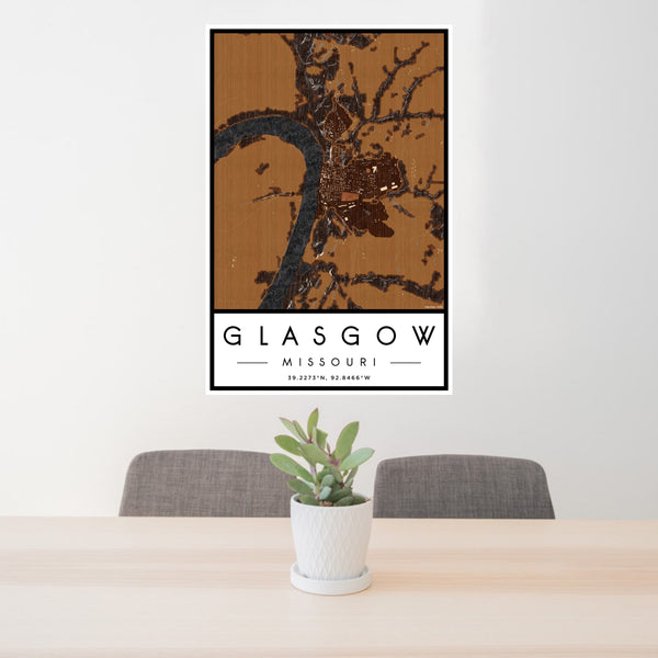 24x36 Glasgow Missouri Map Print Portrait Orientation in Ember Style Behind 2 Chairs Table and Potted Plant