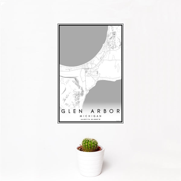 12x18 Glen Arbor Michigan Map Print Portrait Orientation in Classic Style With Small Cactus Plant in White Planter