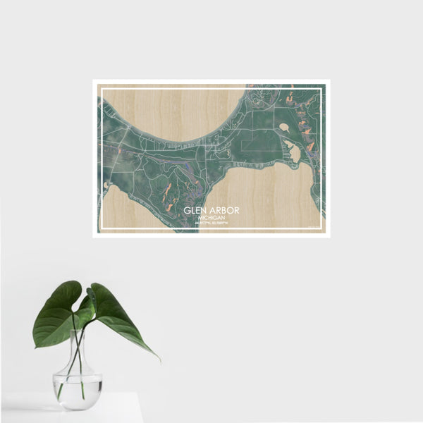 16x24 Glen Arbor Michigan Map Print Landscape Orientation in Afternoon Style With Tropical Plant Leaves in Water
