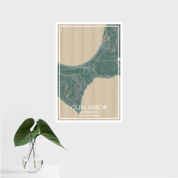 16x24 Glen Arbor Michigan Map Print Portrait Orientation in Afternoon Style With Tropical Plant Leaves in Water