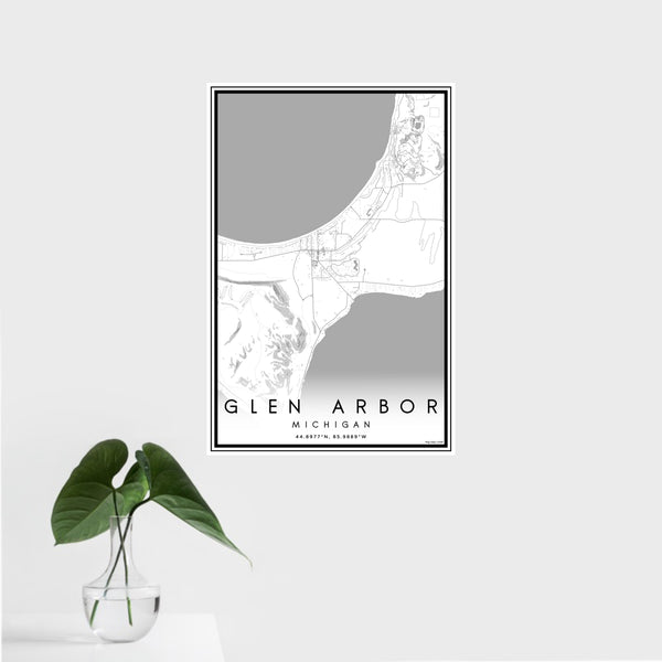 16x24 Glen Arbor Michigan Map Print Portrait Orientation in Classic Style With Tropical Plant Leaves in Water