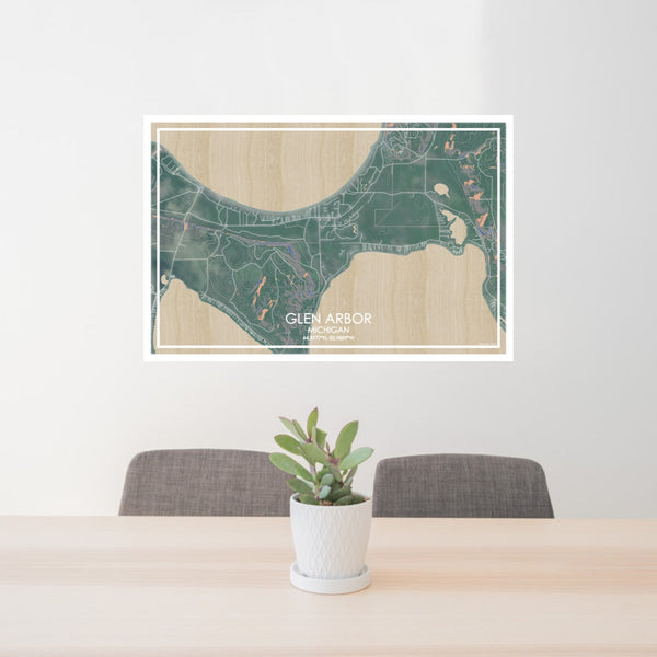 24x36 Glen Arbor Michigan Map Print Lanscape Orientation in Afternoon Style Behind 2 Chairs Table and Potted Plant