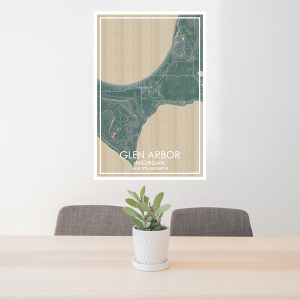 24x36 Glen Arbor Michigan Map Print Portrait Orientation in Afternoon Style Behind 2 Chairs Table and Potted Plant