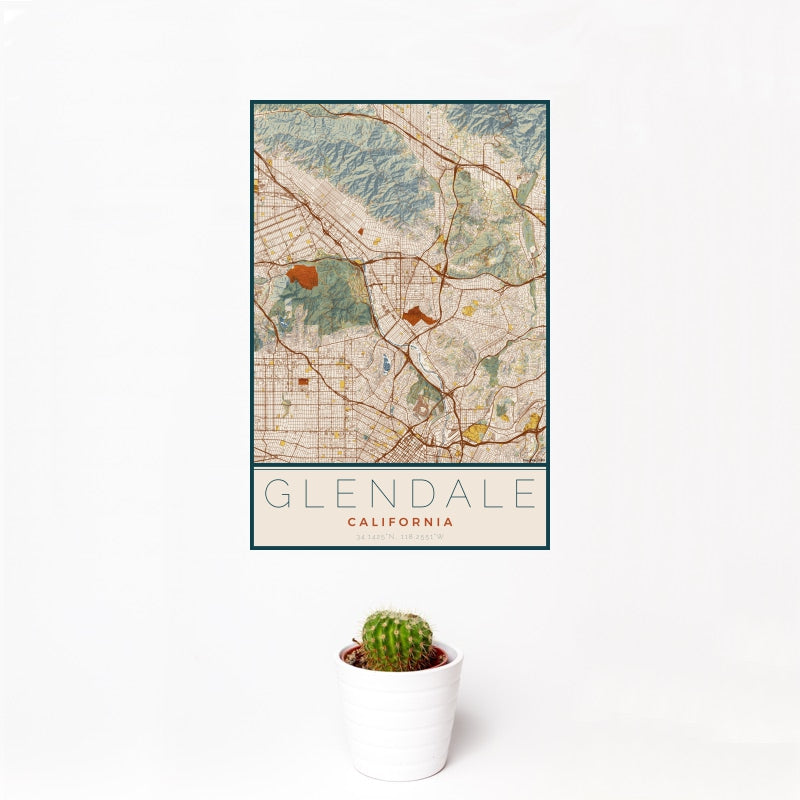 Glendale - California Map Print in Woodblock
