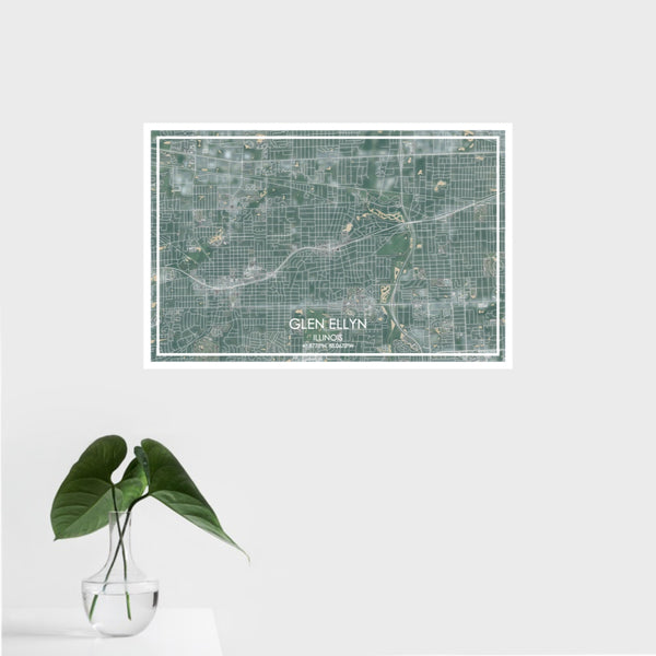 16x24 Glen Ellyn Illinois Map Print Landscape Orientation in Afternoon Style With Tropical Plant Leaves in Water