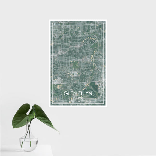 16x24 Glen Ellyn Illinois Map Print Portrait Orientation in Afternoon Style With Tropical Plant Leaves in Water