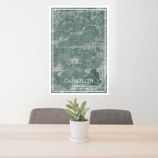 24x36 Glen Ellyn Illinois Map Print Portrait Orientation in Afternoon Style Behind 2 Chairs Table and Potted Plant