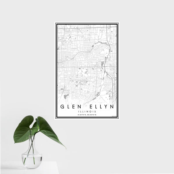 16x24 Glen Ellyn Illinois Map Print Portrait Orientation in Classic Style With Tropical Plant Leaves in Water