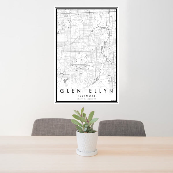 24x36 Glen Ellyn Illinois Map Print Portrait Orientation in Classic Style Behind 2 Chairs Table and Potted Plant