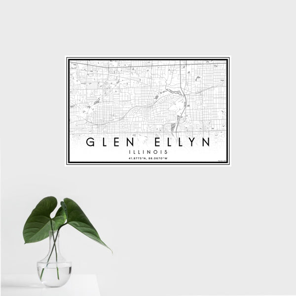 16x24 Glen Ellyn Illinois Map Print Landscape Orientation in Classic Style With Tropical Plant Leaves in Water