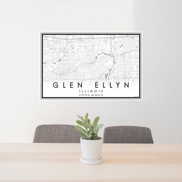 24x36 Glen Ellyn Illinois Map Print Landscape Orientation in Classic Style Behind 2 Chairs Table and Potted Plant
