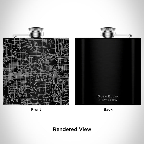 Rendered View of Glen Ellyn Illinois Map Engraving on 6oz Stainless Steel Flask in Black