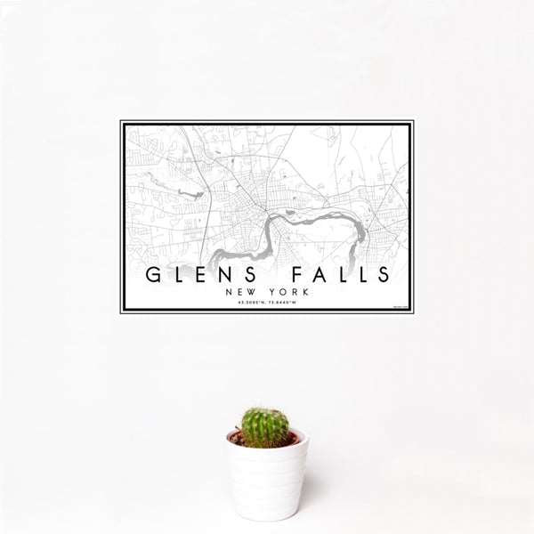 12x18 Glens Falls New York Map Print Landscape Orientation in Classic Style With Small Cactus Plant in White Planter