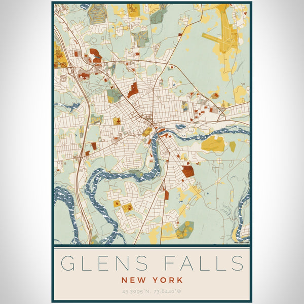 Glens Falls New York Map Print Portrait Orientation in Woodblock Style With Shaded Background