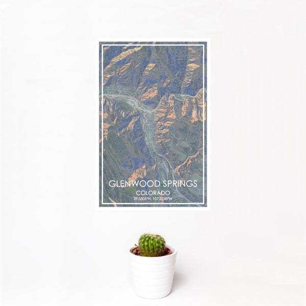 12x18 Glenwood Springs Colorado Map Print Portrait Orientation in Afternoon Style With Small Cactus Plant in White Planter