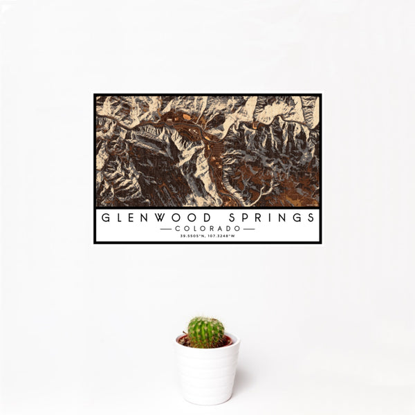 12x18 Glenwood Springs Colorado Map Print Landscape Orientation in Ember Style With Small Cactus Plant in White Planter